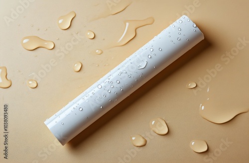 A white chalk stick resting on a smooth surface with droplets of water scatte...