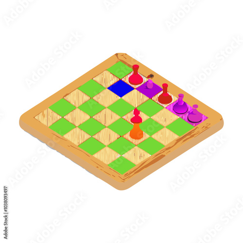 Chessboard Strategy: A captivating isometric illustration of a chess game in progress, showcasing strategic piece placement and potential game outcomes.