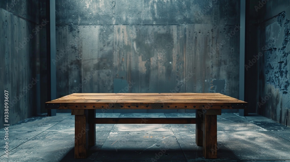 A rustic wooden table sits in an industrial setting, with a concrete wall in the background and a spotlight shining down. A rustic wooden table sits in an industrial setting, with a concrete wall in the background and a spotlight shining down.