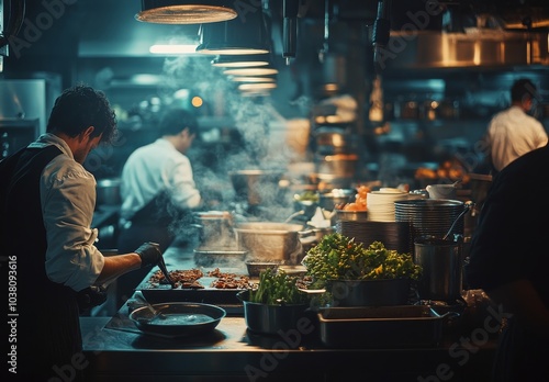 Chefs preparing fresh ingredients in a bustling kitchen during dinner service