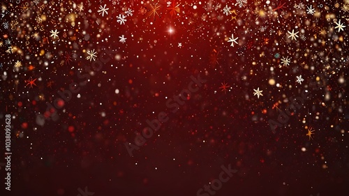 A festive red Christmas background adorned with golden snowflakes of various sizes and sparkling white stars. The vibrant color scheme and glittering details evoke the cheerful holiday spirit.