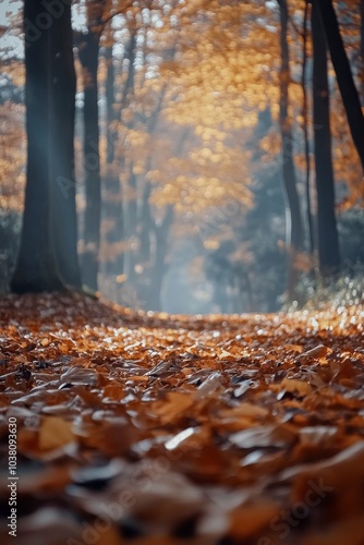 Serene forest pathway covered in orange leaves during autumn morning light