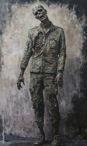 A zombie soldier stands against a gray background.