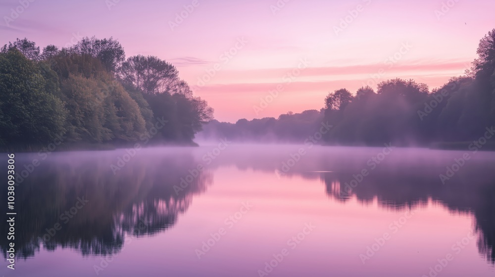 Serene misty lake at dawn, soft pastel colors, reflections of trees Serene misty lake at dawn, soft pastel colors, reflections of trees