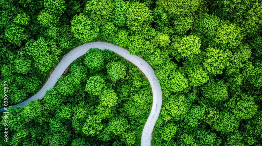 Serene Aerial View of Curving Road in Lush Forest Serene Aerial View of Curving Road in Lush Forest