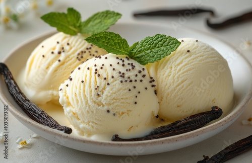 Creamy vanilla ice cream scoops with mint leaves and vanilla pods on a white ...