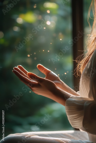 A person practicing meditation in soft morning light with serene surroundings...