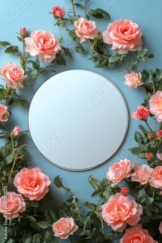 A delicate circular plate surrounded by pink roses on a soft pink background ...