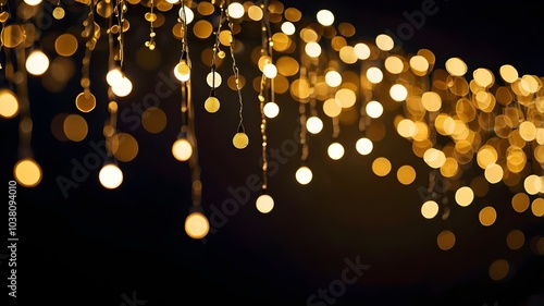 A festive abstract background featuring a black canvas filled with gold bokeh dots in various sizes. A string of white lights arches in the center, creating a luxurious and celebratory feel