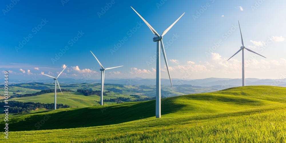 Wind Farm with Turbines in Green Landscape Wind Farm with Turbines in Green Landscape