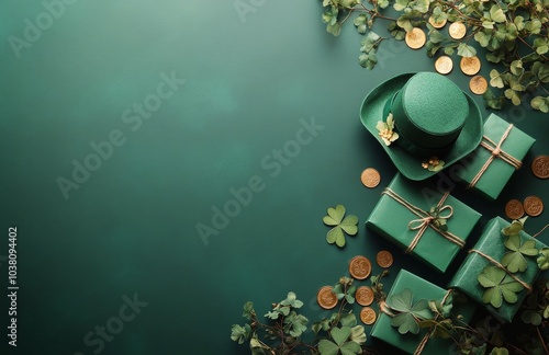 Colorful St. Patricks Day decorations with gifts, a hat, and festive ornament...