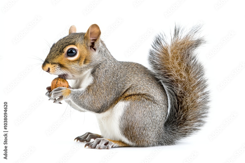 Fototapeta premium Focused squirrel portrait a minimalistic profile view of a nut gnawing rodent on white background isolated