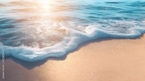 Gentle waves lap against sandy shore under bright blue sky with fluffy clouds...