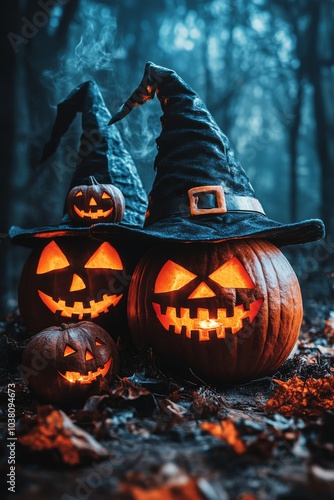 Spooky Halloween pumpkins with glowing faces and witch hats in a dark forest ...