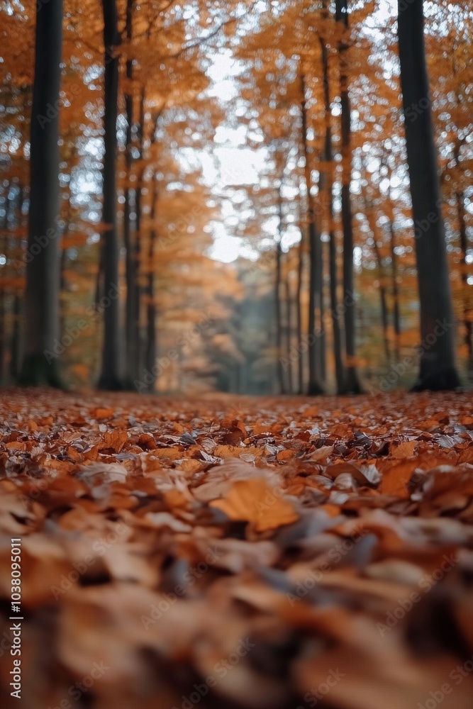 Serene forest pathway covered in orange leaves during autumn morning light Serene forest pathway covered in orange leaves during autumn morning light