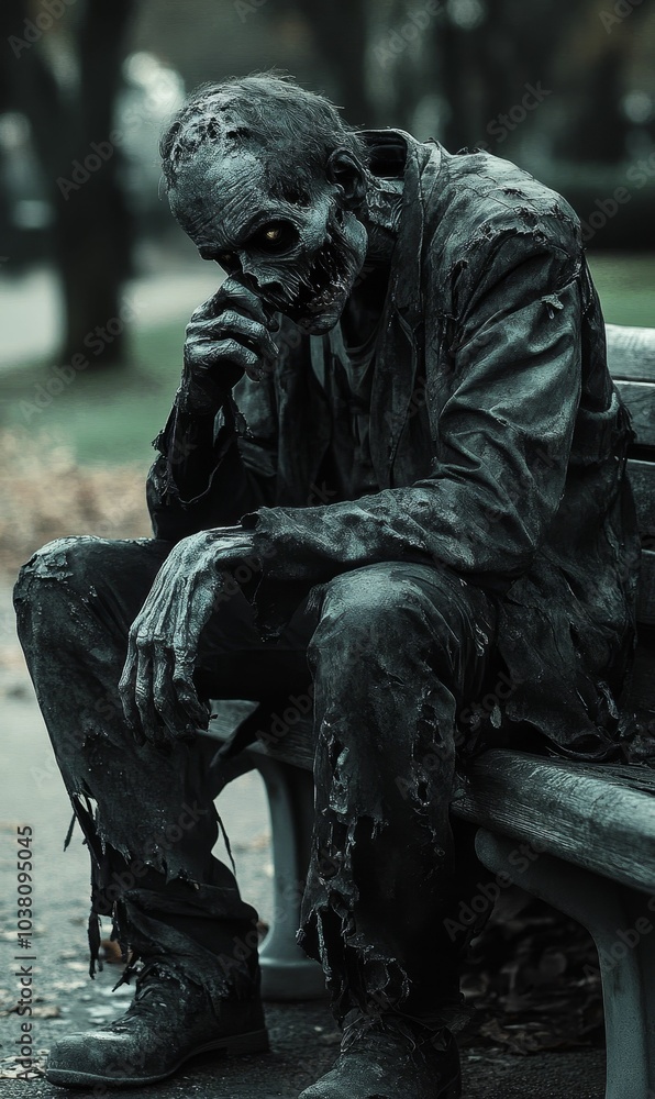 Zombie sitting on a bench, looking down. Zombie sitting on a bench, looking down.