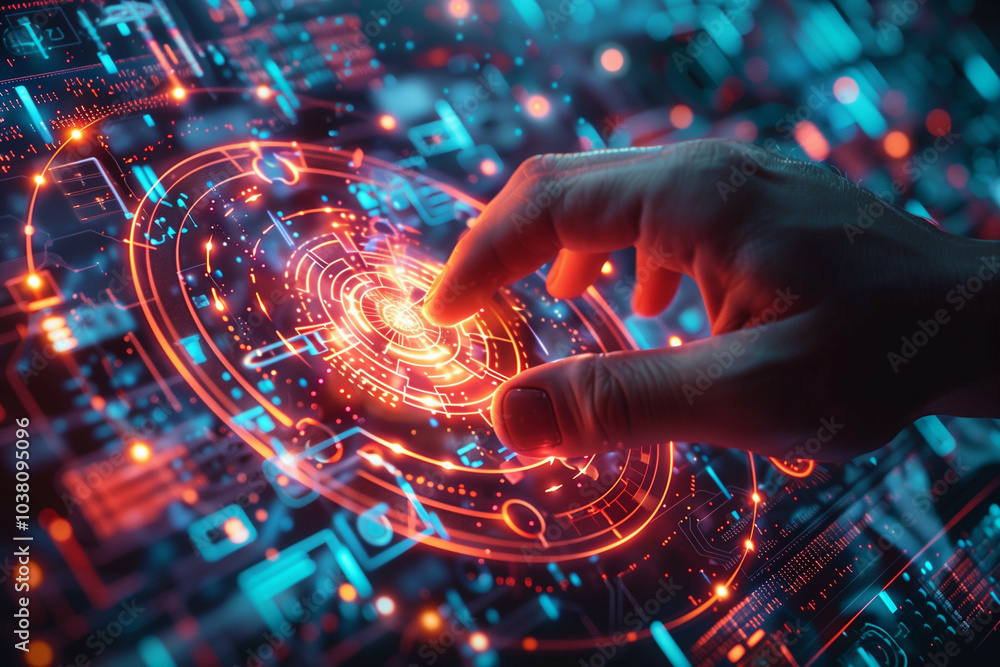 Fototapeta premium A Futuristic and High-Tech Scene Featuring a Hand Interacting with Advanced Digital Interface and Glowing Circuits