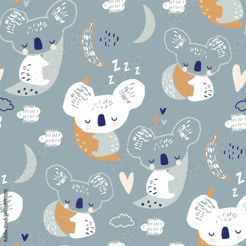 Seamless pattern with hand drawn cute sleeping koala character. Childish adorable texture with moon, stars. Vector illustration