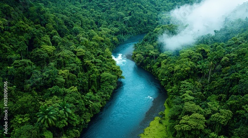 Lush Green Rainforest with Serene River View