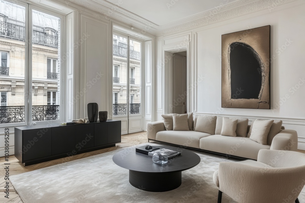 Luxurious living room apartment with white walls, large windows, and modern furniture. Luxurious living room apartment with white walls, large windows, and modern furniture.