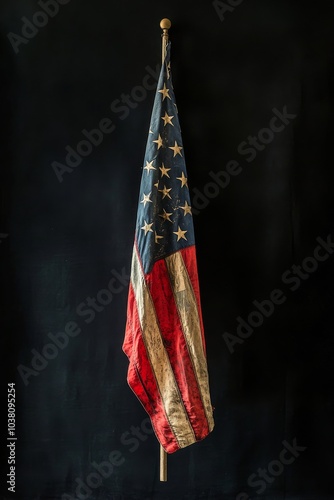Worn American flag displayed artistically against a dark background in a sere...