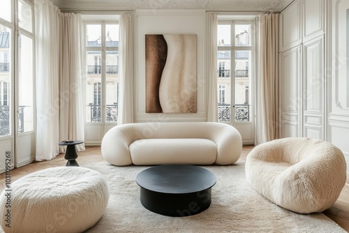 The cozy interior of a modern living room apartment features white walls, large windows, and a neutral color palette.