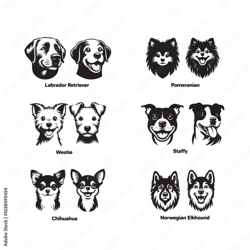 Fototapeta premium Collection of Dog head silhouette Design - Dog Breed Face Vector illustration - Dog Head Logo Concept