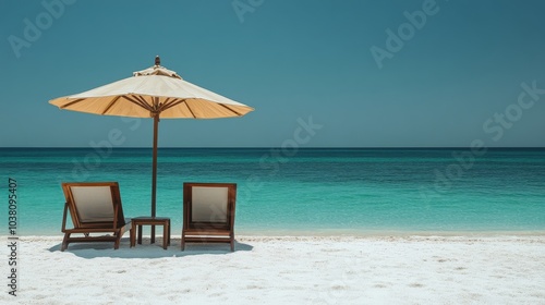 Relaxing beach chairs under a sun umbrella by clear turquoise waters on a sun...