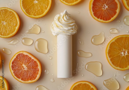 Fresh oranges and creamy treat with water droplets on a light background duri...