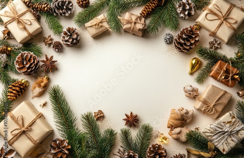Elegant Christmas decorations with gifts, pinecones, and greenery on a pastel...