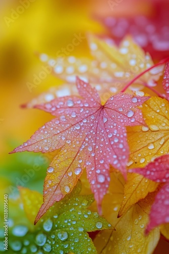 Delicate leaves with water droplets showcasing vibrant colors in nature durin...