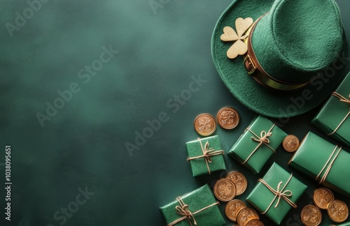 Colorful St. Patricks Day decorations with gifts, a hat, and festive ornament...
