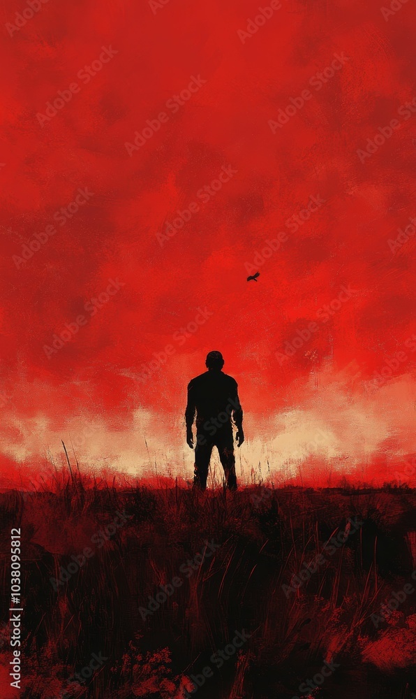 Fototapeta premium Silhouette man against red sky and grass.