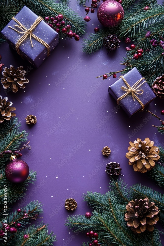 Purple gifts and pine cones arranged on a bright purple background for the holidays Purple gifts and pine cones arranged on a bright purple background for the holidays