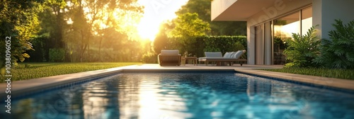 A serene sunset view over a tranquil swimming pool in a beautiful garden