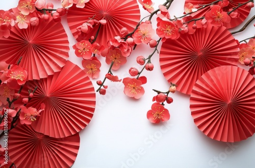 Delicate red fans and cherry blossoms arranged artistically on a light backgr...