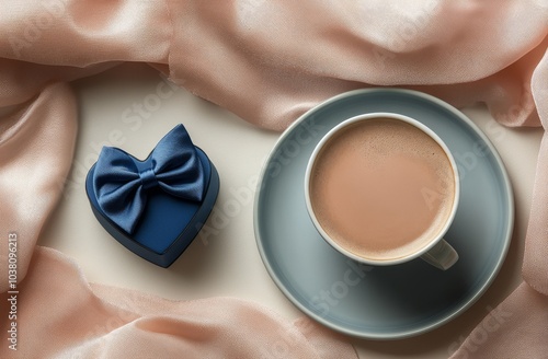 Ceramic cup of coffee on a plate next to a wrapped gift on a wooden table in ...