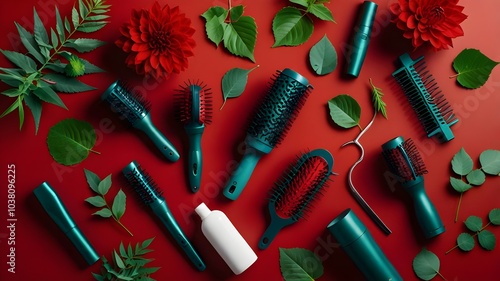 A flat lay of various hair care products arranged in a circular pattern on a red background, featuring brushes, combs, and a hair dryer, enhanced by red flowers and green leaves.