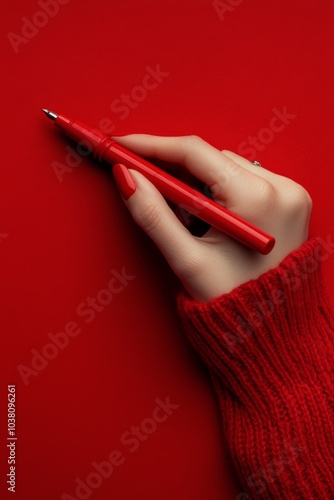 A hand holding a red pen on a vibrant red background during a creative writin...