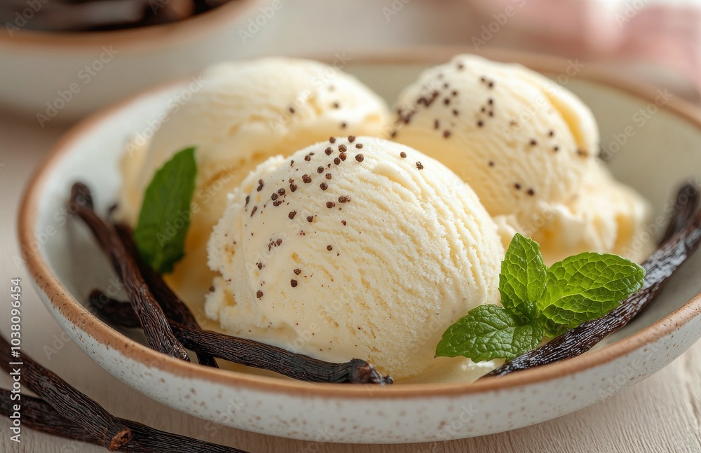 Obraz premium Creamy vanilla ice cream scoops with mint leaves and vanilla pods on a white plate