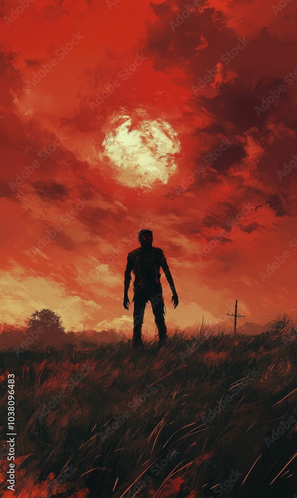 Fototapeta premium Silhouette of a monster against a red sky.