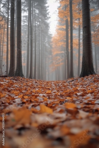 Serene forest pathway covered in orange leaves during autumn morning light