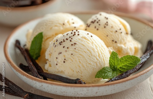 Creamy vanilla ice cream scoops with mint leaves and vanilla pods on a white ...