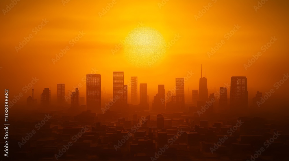 Naklejka premium Smoggy City Sunset with Silhouette Buildings