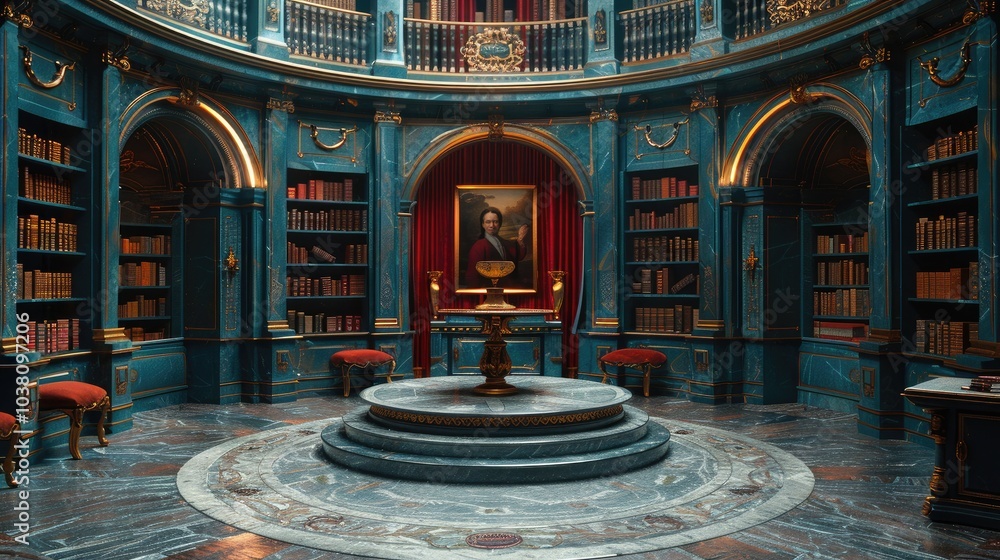 Obraz premium A circular library with blue and gold decor, bookshelves filled with books, a portrait on the wall, and a golden pedestal in the center.