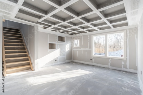 interior of unfinished basement with textured white wall and ceiling, in new home under construction photo