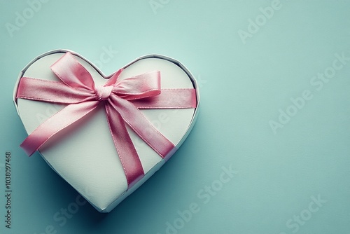 Heart shaped gift box with pink ribbon on a light blue background adorned wit...