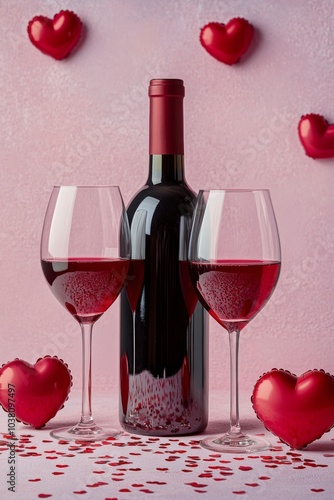 Romantic setting with red wine and heart decorations for a special occasion