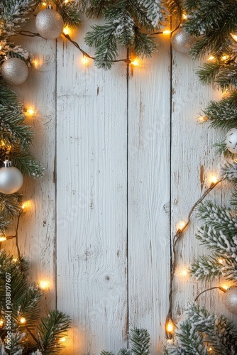 Festive winter arrangement with frosted greenery and warm lights on rustic wo...