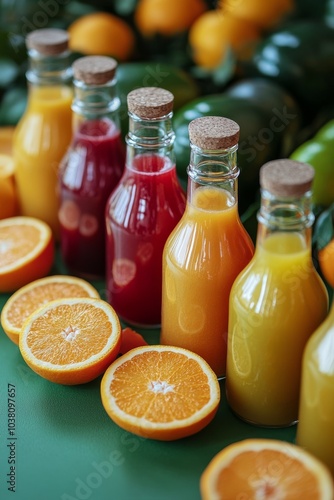 Freshly squeezed fruit juices arranged with citrus fruits on a vibrant green ...